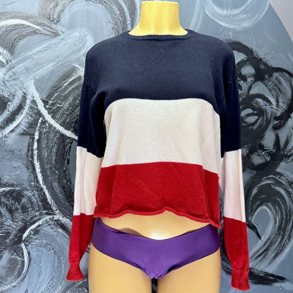 Brandy Melville Sweater One Size Navy White Red Colorblock Crewneck